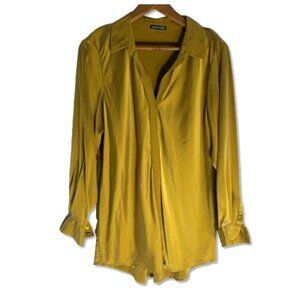 Eileen Fisher Classic Collared Long Sleeve Silk Relaxed Blouse Topaz/Green Gold